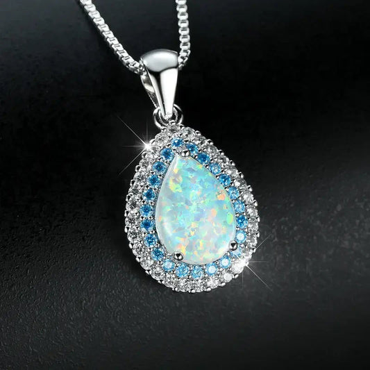 Elegant Blue Opal Drop Sparkling Necklace | White Gold Maya Henry Jewelry