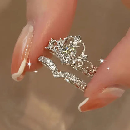 Shiny Crown Silver Ring Set | White Gold Maya Henry Jewelry